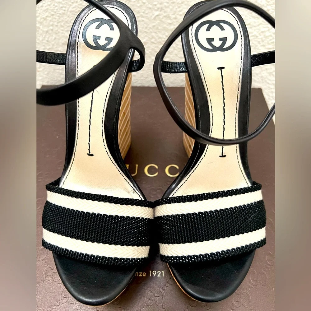 Gucci Black and Cream Wedge Sandals with Ankle Strap